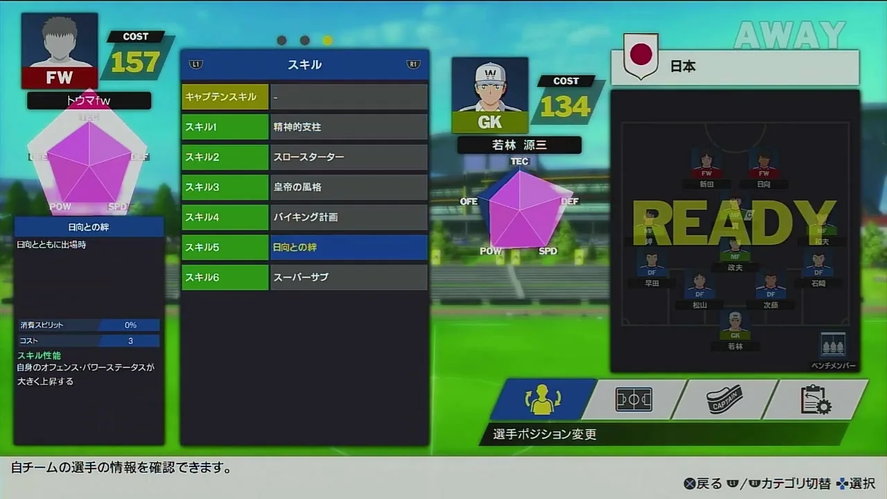 RONCで精神的支柱、スロースターター、皇帝の風格、バイキング計画、日向との絆、スーパーサブを装備した画面