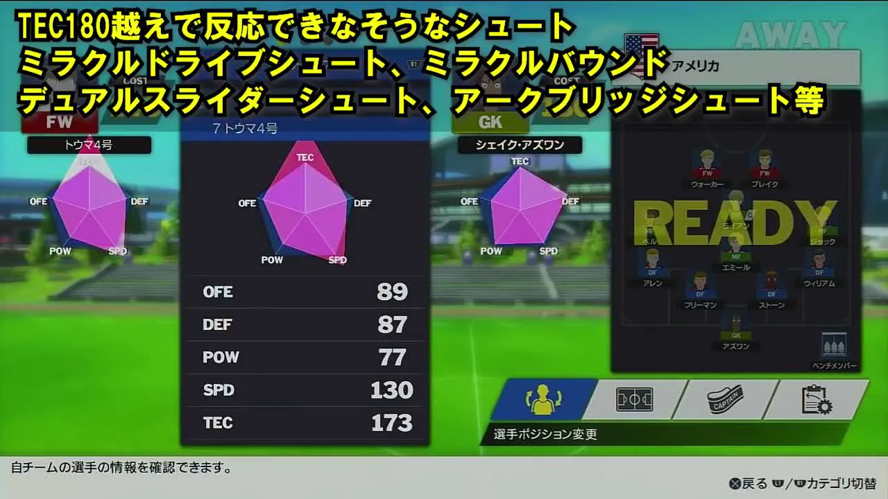RONCでTEC173のアークブリッジシュートを試した能力画面