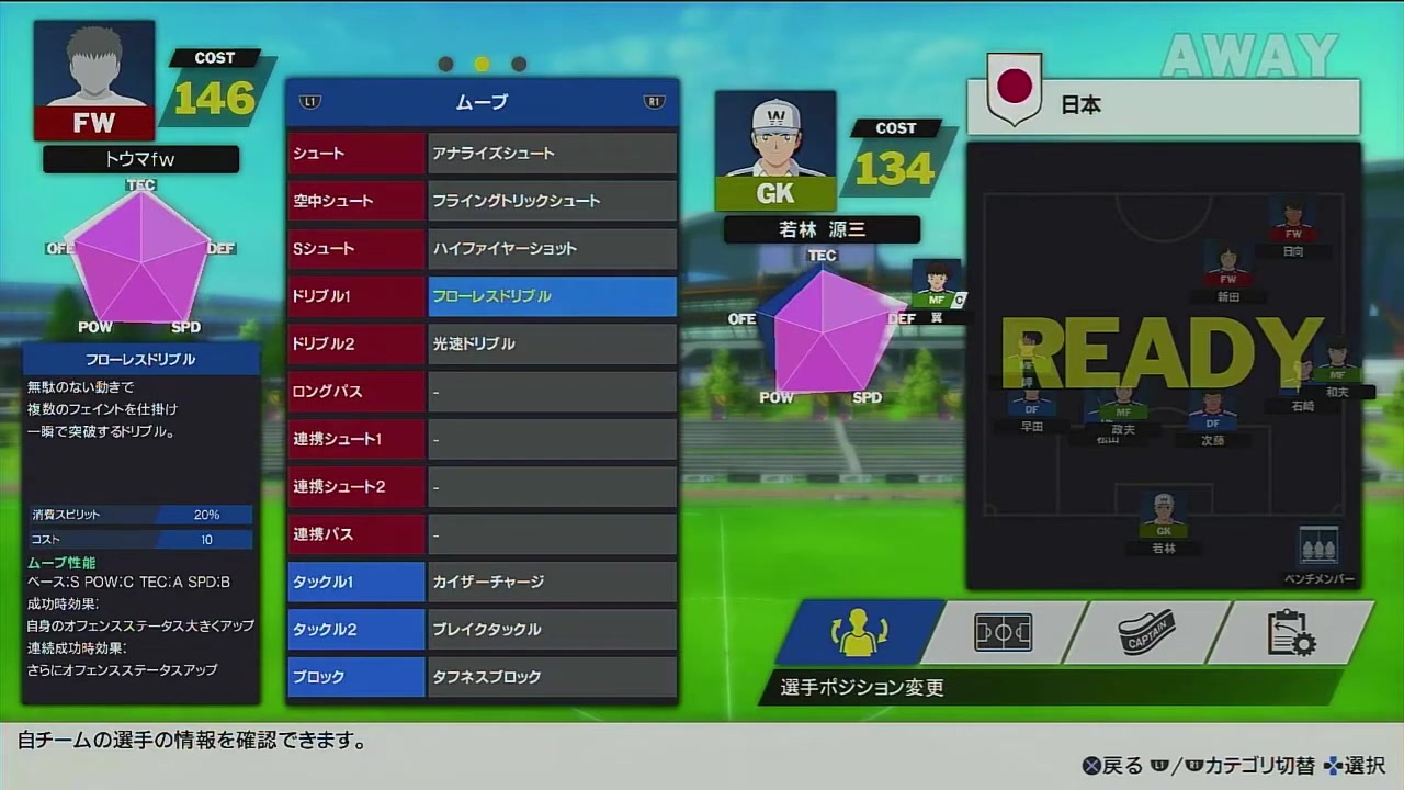RONCオンラインFWのアナライズシュート、フローレスドリブル、光速ドリブル構成
