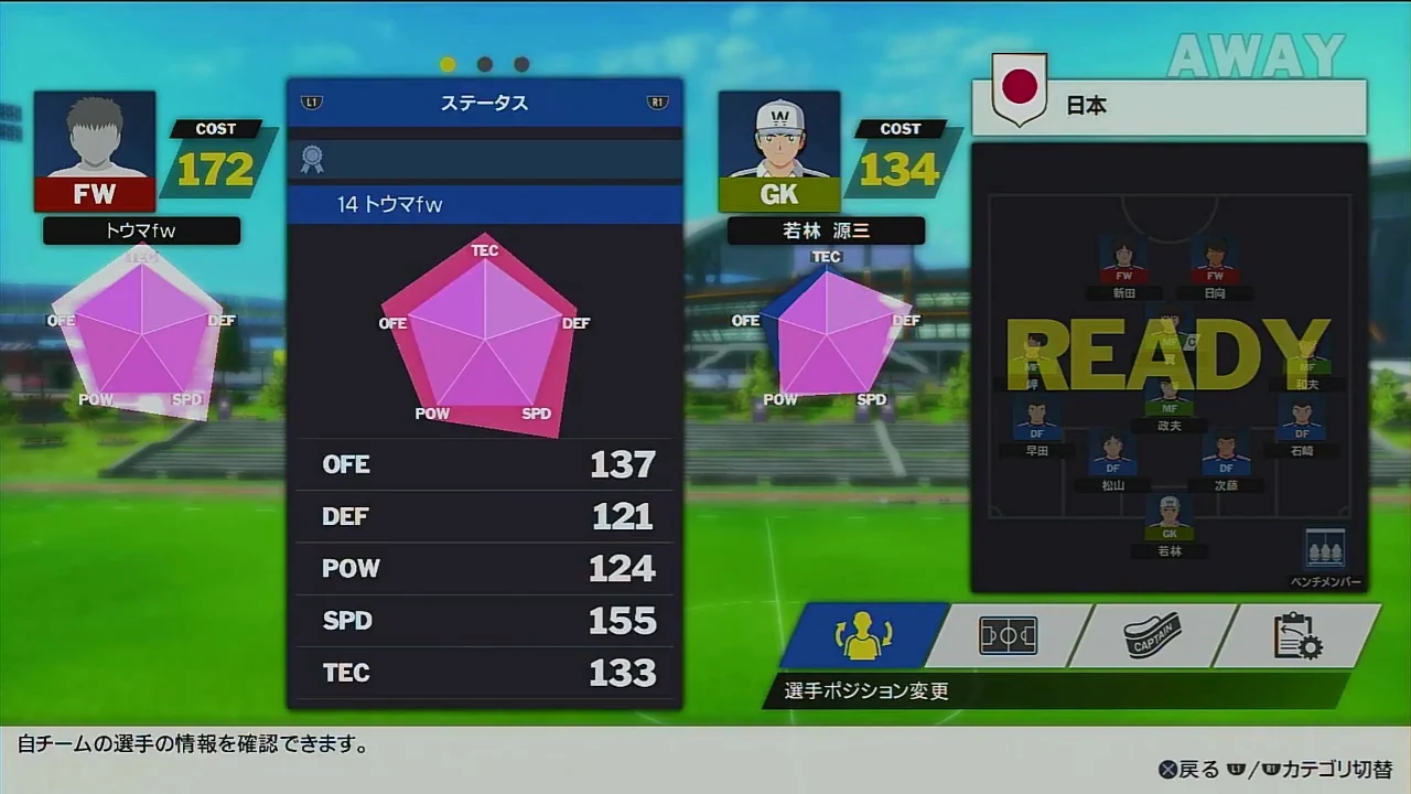 RONCパス役から受けた直後のFWステータス137 121 124 155 133