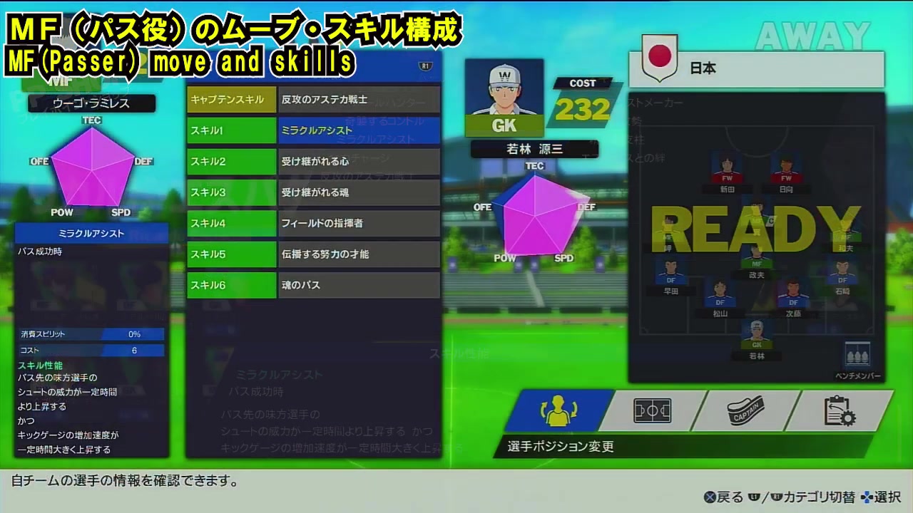 RONCのパス役に設定されたミラクルアシスト、受け継がれる心、受け継がれる魂など6スキル