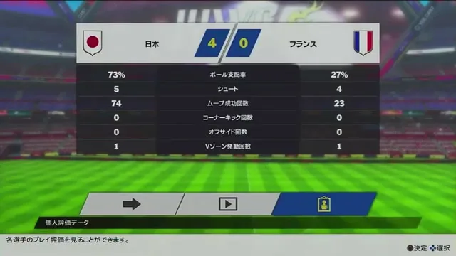 フランス戦を4対0で終えた試合結果画面