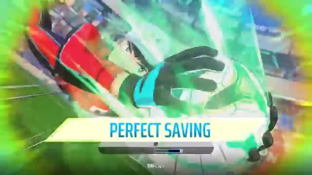 若林源三が終盤のシュートをPERFECT SAVINGで止める場面